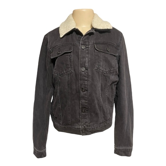 Topman Other - Topman Classic Sherpa Plaid Lined Gray Denim Trucker Jacket Washed Out Black